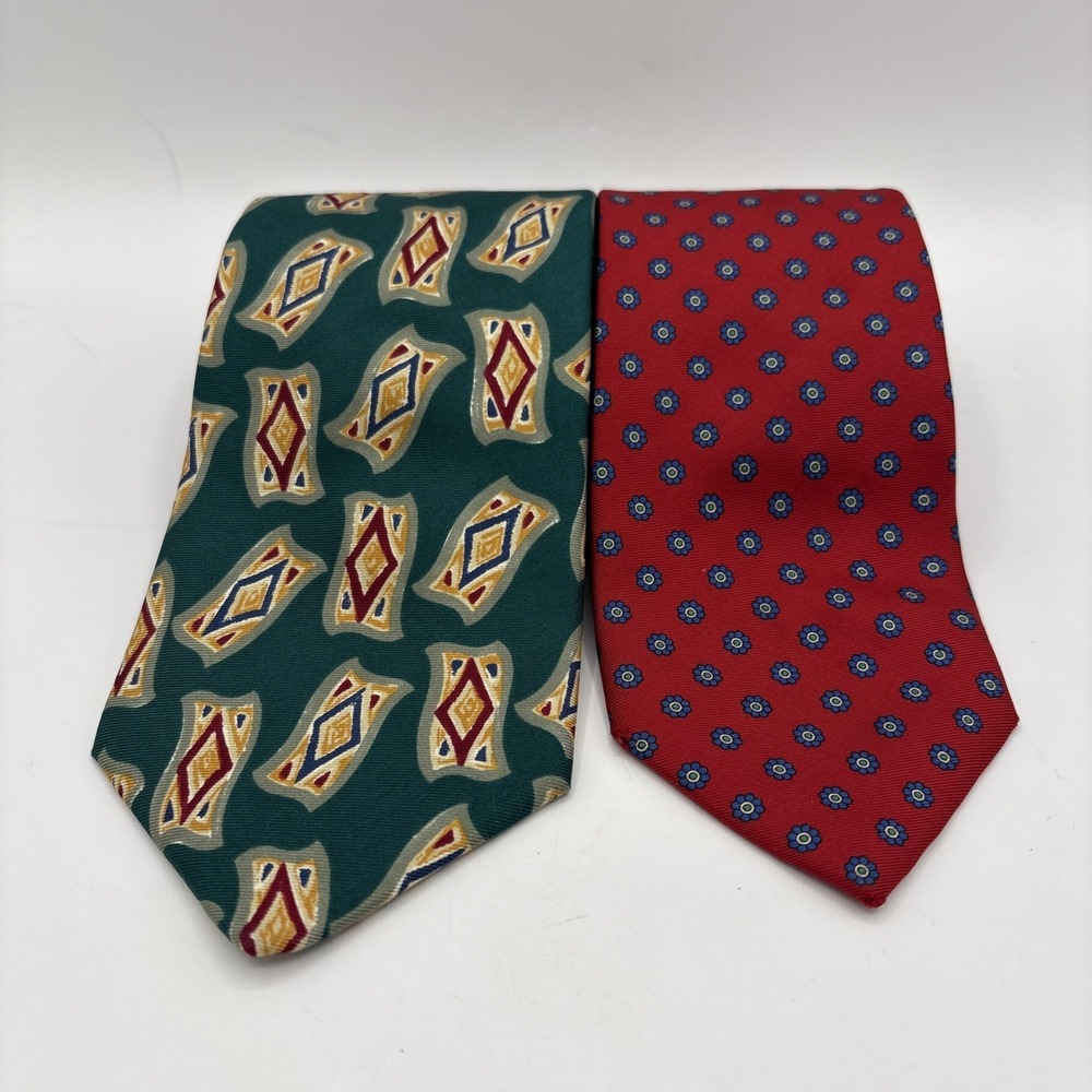 Lands End * Lot‎ of 2 * Silk Ties Vintage Handsewn Made In USA Paisley Geometric